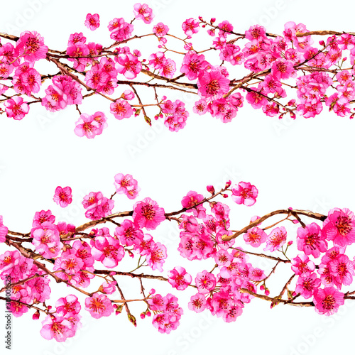Watercolor sakura japan cherry branch . Blooming flowers. Spring pink design wallpaper  poster  background  cover  fabric  textile.