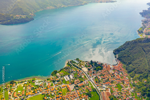 Lake Como Aerial View. Travel Postcard Concept. Coastline of Lago di Como With Many Villages.
