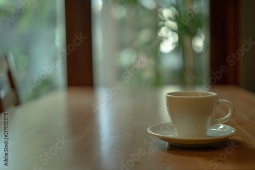 The white ceramic coffee cup with coaster is placed on a brown wooden base on the back  naturally a blurred background.