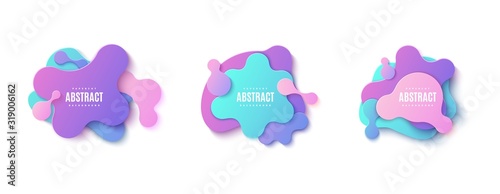 Set of liquid geometric shapes in paper cut style. Collection of three gradient color memphis bubble layered cut out of cardboard. Modern vector banner with fluid violet, coral and blue splash