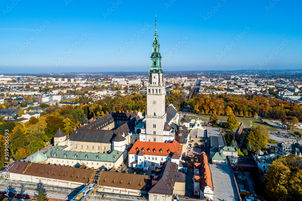 Poland, Częstochowa. Jasna Góra fortified monastery and church on the hill. Famous historic place and Polish Catholic pilgrimage site with Black Madonna miraculous icon. Aerial view in fall
