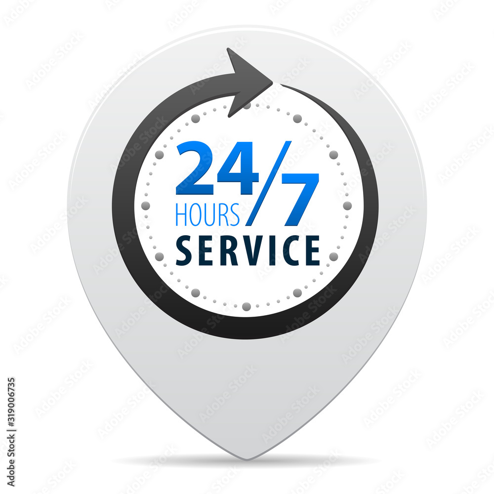 Service and support for customers around the clock or 24 hours a day and 7 days a week symbol on map pin icon isolated on white background. Vector illustration Service and support for customers around the clock or 24 hours a day and 7 days a week symbol on map pin icon isolated on white background. Vector illustration