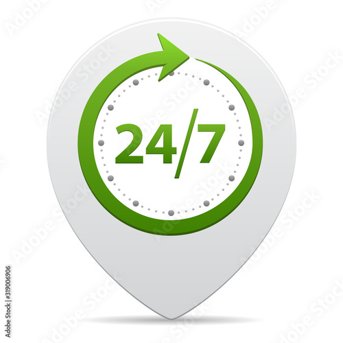 Open around the clock or 24 hours a day and 7 days a week symbol on map pin icon isolated on white background. Vector illustration