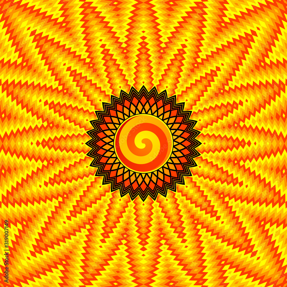 Abstract sunny background; Sacred geometry mandala with sun and crazy geometric pattern; Vector illustration.