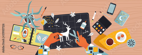People hands making diy craft or creative activity