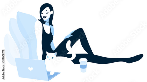 Wallpaper Mural Laptop girl sitting on a bed with her white cat. Having a cup of coffee as well. Vector illustration. Torontodigital.ca