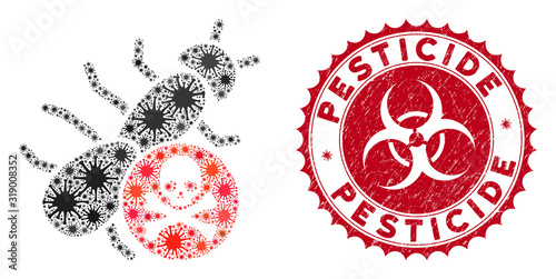 Coronavirus mosaic pesticide icon and rounded corroded stamp seal with Pesticide caption. Mosaic vector is designed with pesticide icon and with scattered mers-cov items.