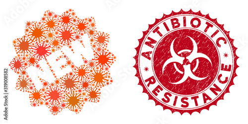Coronavirus mosaic new tag icon and rounded grunge stamp seal with Antibiotic Resistance caption. Mosaic vector is composed with new tag pictogram and with randomized contagious items.