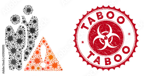 Coronavirus mosaic black list icon and round distressed stamp seal with Taboo phrase. Mosaic vector is formed with black list icon and with scattered mers-cov items.