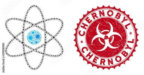 Coronavirus mosaic atom icon and round distressed stamp seal with Chernobyl text. Mosaic vector is created with atom icon and with randomized mers-cov elements. Chernobyl seal uses biohazard style,