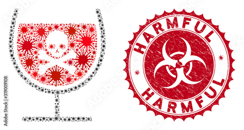 Coronavirus mosaic poison drink glass icon and round grunge stamp watermark with Harmful caption. Mosaic vector is created from poison drink glass icon and with scattered microbe cell symbols.