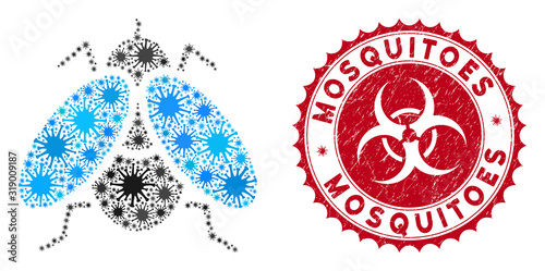Coronavirus mosaic fly insect icon and rounded grunge stamp seal with Mosquitoes text. Mosaic vector is designed with fly insect icon and with randomized sars elements.