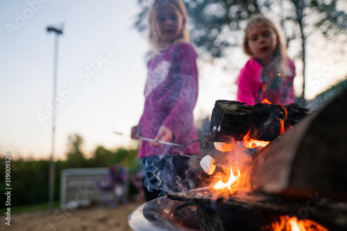 young girls roasting marshmallows over a fire outdoors photo