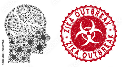 Coronavirus collage brain carcinoma icon and round corroded stamp seal with Zika Outbreak text. Mosaic vector is formed with brain carcinoma icon and with scattered bacillus symbols.