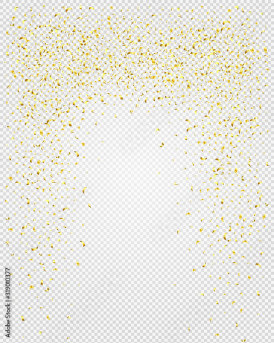 Abstract background with many falling gold tiny confetti pieces. Vector background with gold confetti.