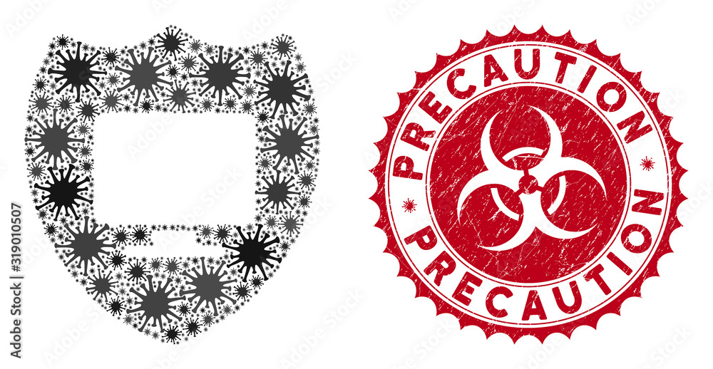 Coronavirus mosaic computer insurance icon and rounded rubber stamp seal with Precaution phrase. Mosaic vector is designed with computer insurance icon and with scattered microbe symbols. Coronavirus mosaic computer insurance icon and rounded rubber stamp seal with Precaution phrase. Mosaic vector is designed with computer insurance icon and with scattered microbe symbols.