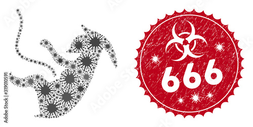Coronavirus mosaic alien embryo icon and rounded rubber stamp watermark with 666 phrase. Mosaic vector is composed from alien embryo icon and with randomized epidemic elements.