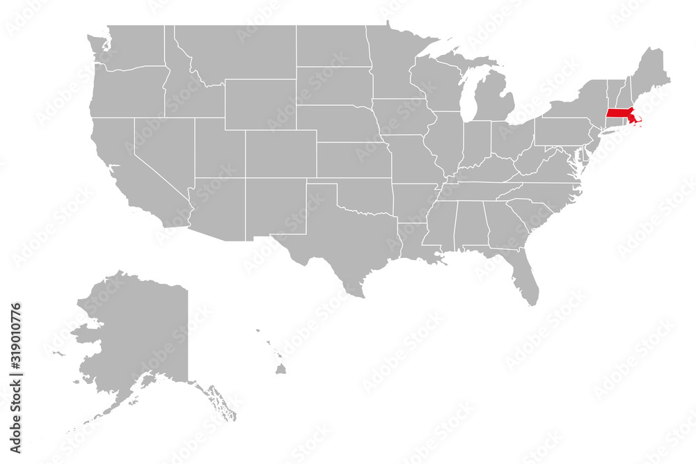 Massachusetts highlighted on USA political map. Gray background.