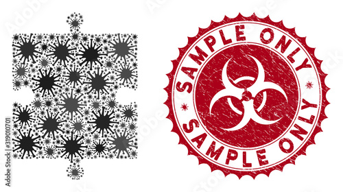Coronavirus mosaic puzzle part icon and round rubber stamp seal with Sample Only caption. Mosaic vector is designed with puzzle part icon and with scattered sars items.