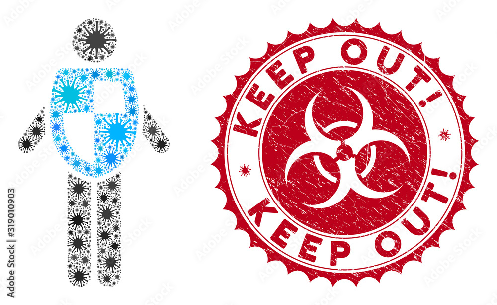 Coronavirus mosaic life insurance icon and round grunge stamp watermark with Keep Out! phrase. Mosaic vector is designed with life insurance icon and with scattered mers-cov elements.