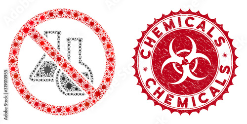 Coronavirus mosaic no chemicals icon and rounded grunge stamp seal with Chemicals text. Mosaic vector is formed with no chemicals pictogram and with scattered mers symbols.