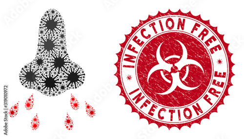 Coronavirus mosaic nose infection icon and rounded grunge stamp seal with Infection Free phrase. Mosaic vector is created from nose infection icon and with randomized mers items.