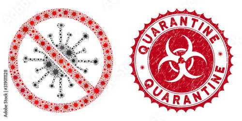 Coronavirus mosaic stop coronavirus icon and rounded rubber stamp watermark with Quarantine phrase. Mosaic vector is composed with stop coronavirus icon and with scattered pandemic elements.