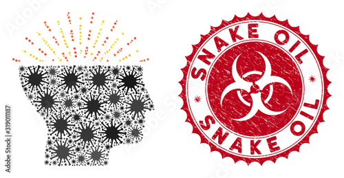 Coronavirus mosaic imagination icon and round rubber stamp watermark with Snake Oil caption. Mosaic vector is designed with imagination pictogram and with randomized sars symbols.