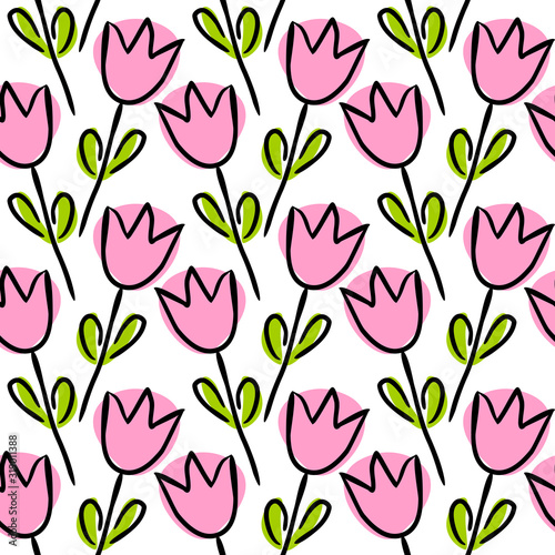 Seamless pattern of hand-drawn flowers. Cute tender pink tulips on a white background. Vector illustration. © JuliPaper