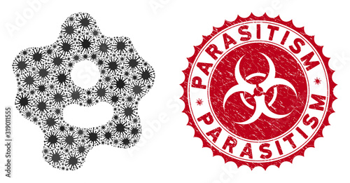 Coronavirus collage amoeba icon and round corroded stamp seal with Parasitism caption. Mosaic vector is formed with amoeba icon and with scattered microbe elements.