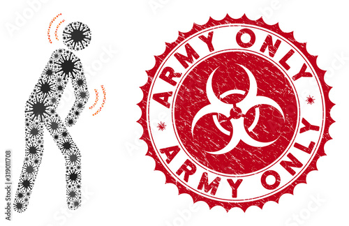 Coronavirus mosaic parkinson disease icon and rounded distressed stamp watermark with Army Only phrase. Mosaic vector is composed with parkinson disease icon and with random pandemic elements.