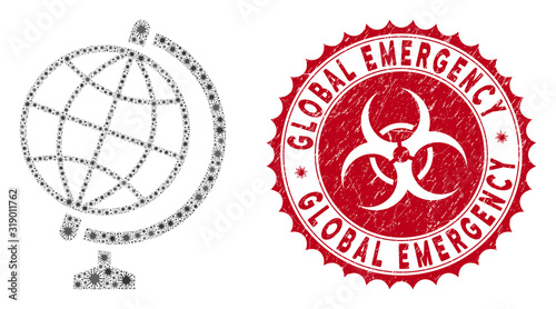 Coronavirus mosaic global icon and round grunge stamp seal with Global Emergency phrase. Mosaic vector is created from global icon and with random infectious symbols.