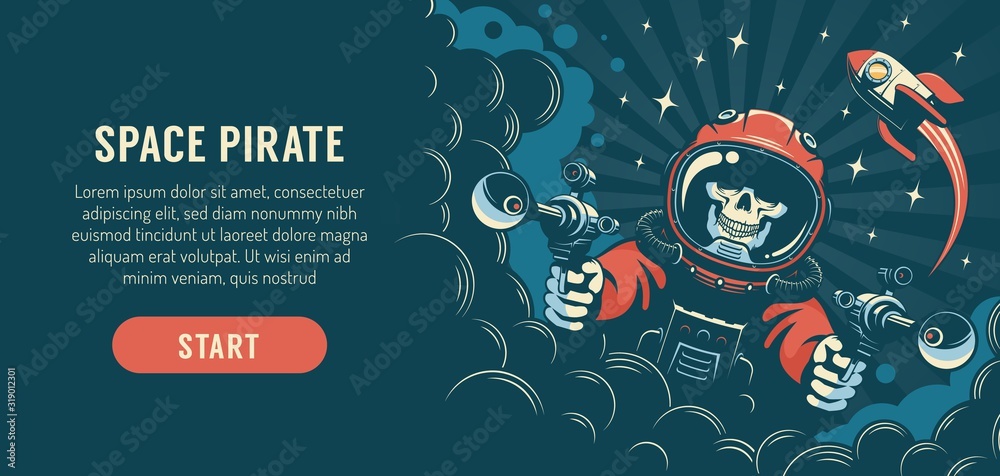 Fantasy flyer with an astronaut with laser guns and rocket. Space pirate skull in a spacesuit. Concept for vintage fantastic book or poster. Vector illustration.