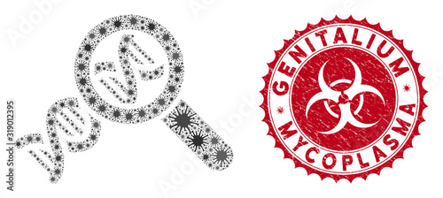 Coronavirus collage genetics icon and rounded rubber stamp watermark with Genitalium Mycoplasma caption. Mosaic vector is created with genetics icon and with randomized sars objects.