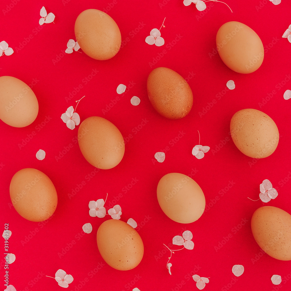 Easter eggs pattern with hydrangea flowers on red background. Easter eggs pattern with hydrangea flowers on red background.