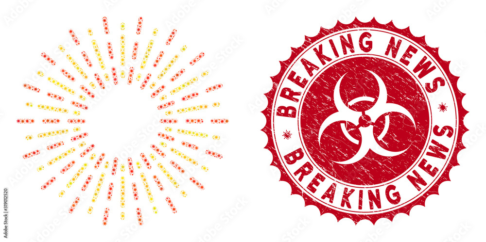 Coronavirus mosaic radiation rays icon and rounded rubber stamp watermark with Breaking News caption. Mosaic vector is composed with radiation rays icon and with randomized pandemic objects. Coronavirus mosaic radiation rays icon and rounded rubber stamp watermark with Breaking News caption. Mosaic vector is composed with radiation rays icon and with randomized pandemic objects.