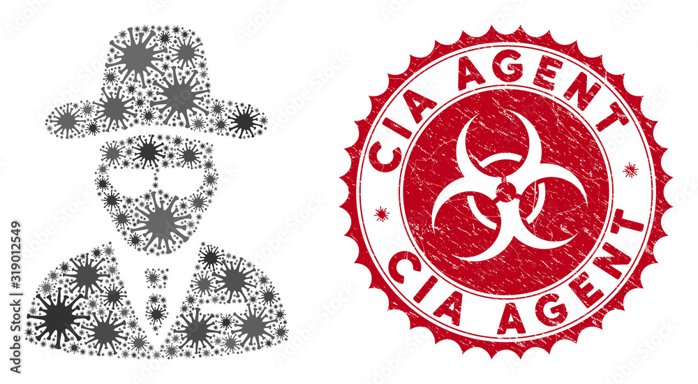 Coronavirus collage agent icon and round grunge stamp seal with CIA Agent phrase. Mosaic vector is composed with agent icon and with random epidemic objects. CIA Agent stamp uses biohazard style, - obrazy, fototapety, plakaty 