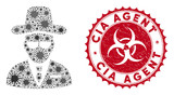 Coronavirus collage agent icon and round grunge stamp seal with CIA Agent phrase. Mosaic vector is composed with agent icon and with random epidemic objects. CIA Agent stamp uses biohazard style,