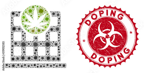 Coronavirus mosaic cannabis building icon and round rubber stamp seal with Doping phrase. Mosaic vector is created with cannabis building pictogram and with scattered flu symbols.