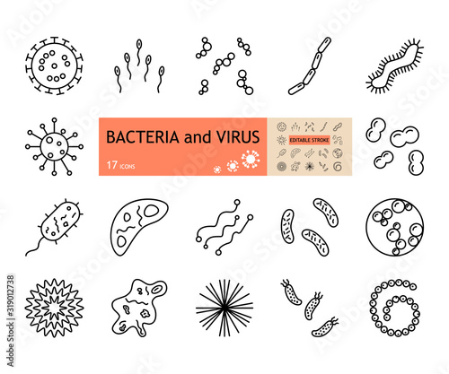 Bacteria, virus, microbe set icons with an editable stroke. A collection of 17 biological microorganisms. Flat vector illustration isolated on white background.