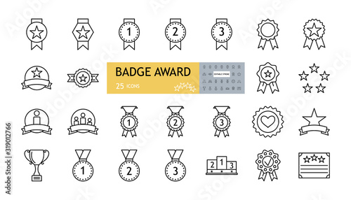Badge award set icons. A collection of 25 linear images with an editable stroke. Medals with a star, a heart, on a garter, with a ribbon, a podium, a sports cup. Flat vector illustration on white back