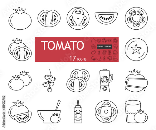 Tomato set icons. A collection of 17 linear images with an editable stroke. The whole vegetable, cut, slices, halves. Tomato soup, juice, ketchup. Flat vector illustration isolated on white background