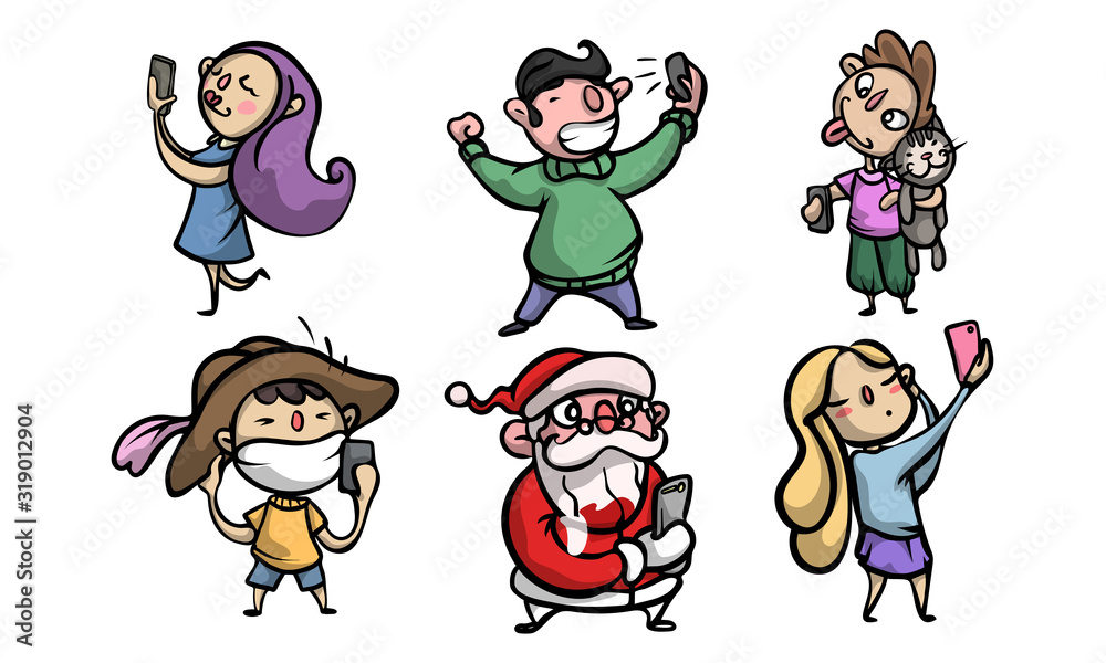 Set of various happy smiling people characters doing a selfie. Vector illustration in flat cartoon style. Set of various happy smiling people characters doing a selfie. Vector illustration in flat cartoon style.