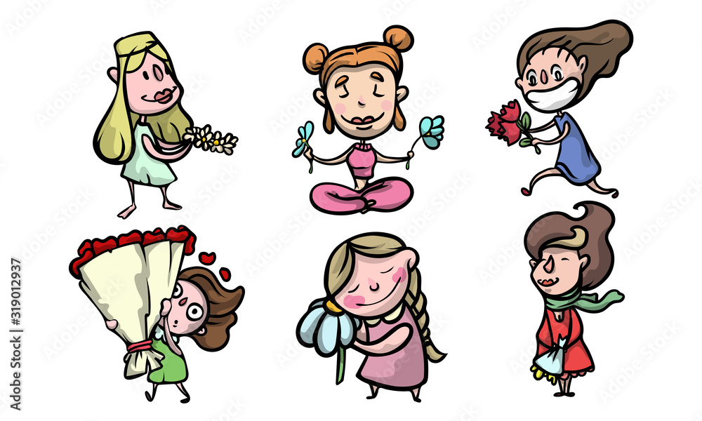 Set of happy smiling girls with flowers in different situations. Vector illustration in flat cartoon style. Set of happy smiling girls with flowers in different situations. Vector illustration in flat cartoon style.