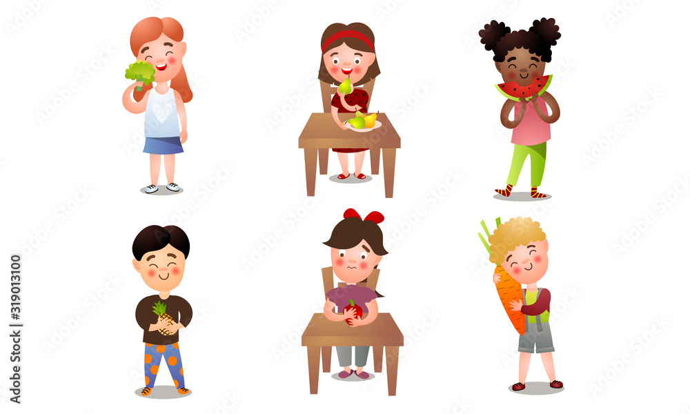 Set of cute happy smiling kids with fresh fruits and vegetables. Vector illustration in flat cartoon style.