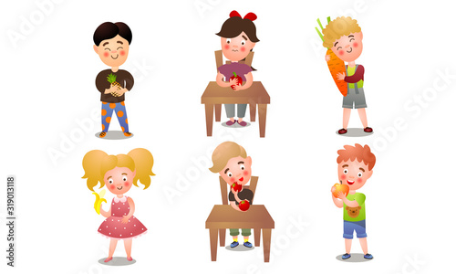 Set of cute happy smiling kids with fresh fruits and vegetables. Vector illustration in flat cartoon style.