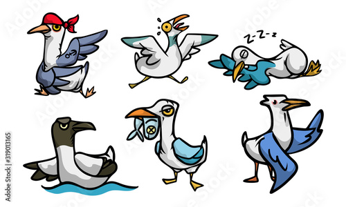 Set of cute and funny seagull character in different situations. Vector illustration in flat cartoon style.