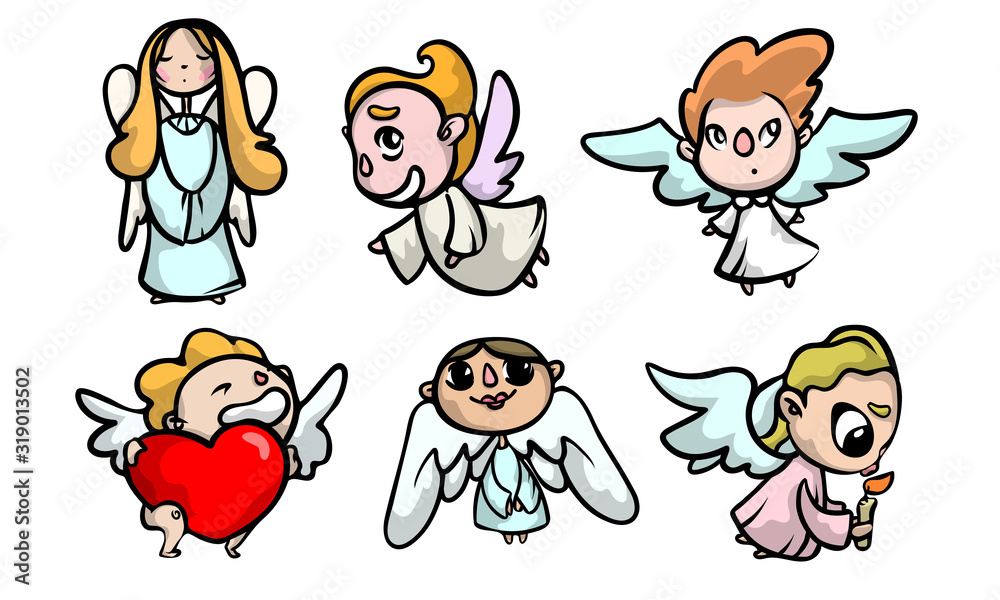 Set of cute colorful angel kids with wings. Vector illustration in flat cartoon style. Set of cute colorful angel kids with wings. Vector illustration in flat cartoon style.