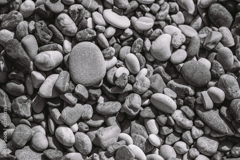 Black and white closeup top view photo of many rounded smooth pebbles at sea beach. Natural organic background. Black and white closeup top view photo of many rounded smooth pebbles at sea beach. Natural organic background.