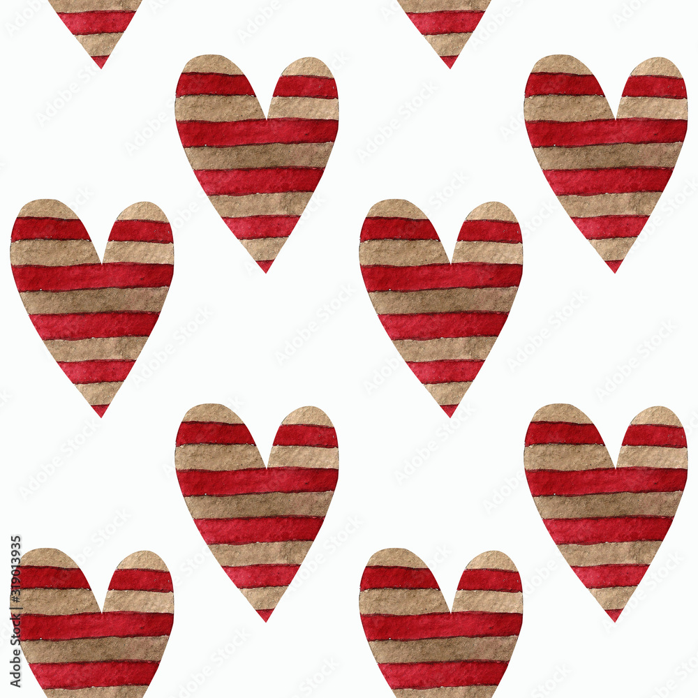 Seamless pattern with hearts on white background Watercolor illustration. Valentines day